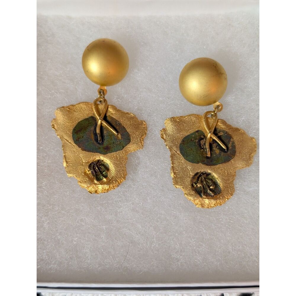 Vintage 80s Gold Matte Ball Abstract Iridescent Drop Dangle Earrings Runway